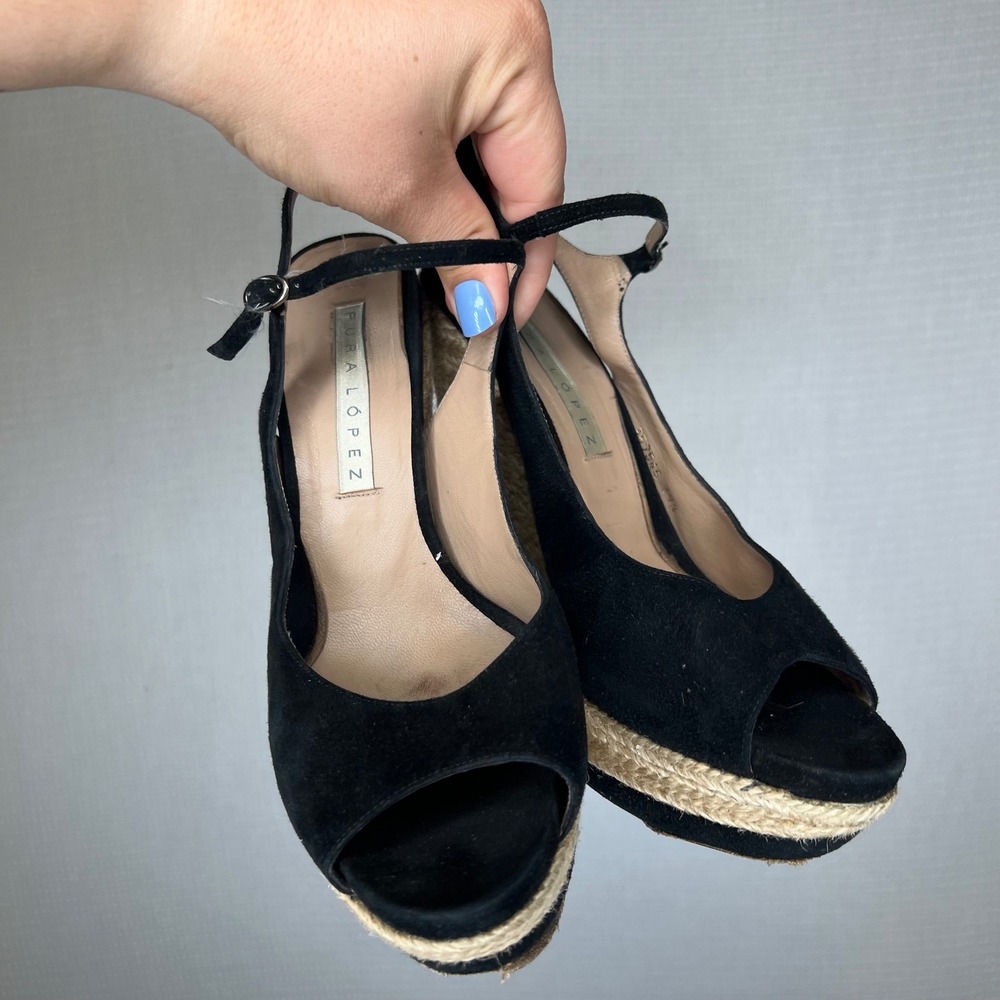Pura Lopez Black Suede Espadrille Wedge Sandals Peep Toe EU 39.5 Made in Spain - Picture 2 of 8